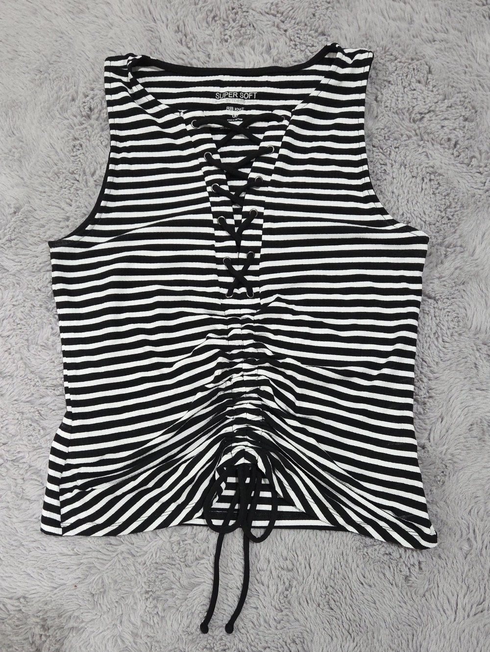 Super Soft By Torrid Black & White Striped Lace-Up Tank Top